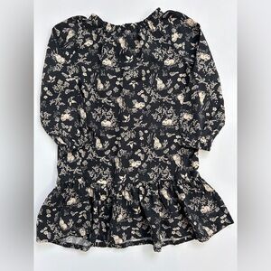 H&M Girls Bunny & Bird Floral Dress Black & White Cottagecore Long Sleeve 4T
